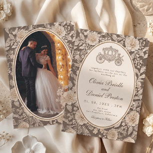 Lace Pearl Royal Carriage Old Money Photo Wedding Invitation