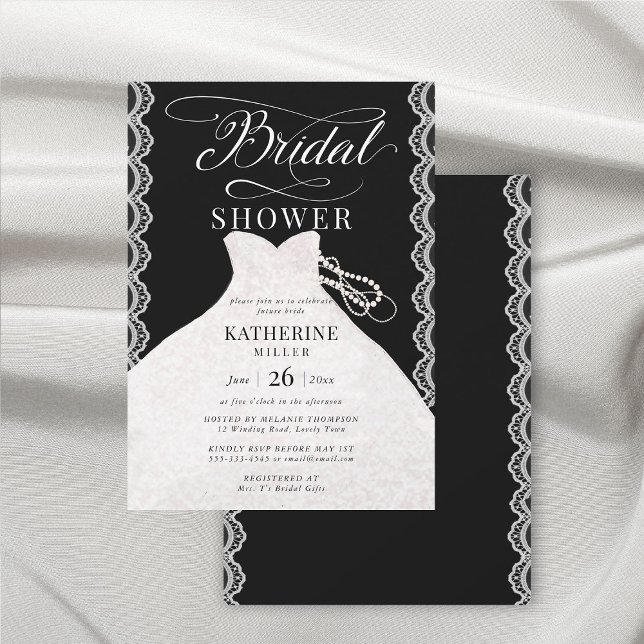 Lace Pearls Bridal Dress Black White Bridal Shower Invitation (lace and pearls bridal shower invitation black and white elegant romantic modern classy stylish)
