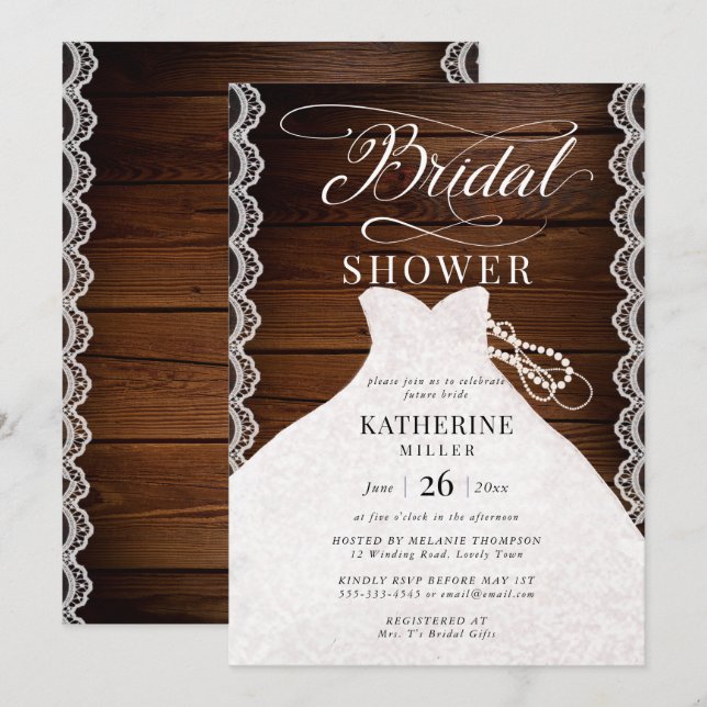 Lace Pearls Bridal Dress Rustic Wood Bridal Shower Invitation (Front/Back)