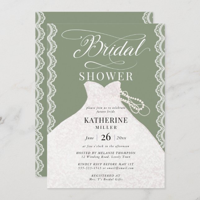 Lace Pearls Bridal Dress Sage Green Bridal Shower Invitation (Front/Back)