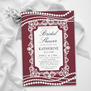 Lace Pearls Classic Burgundy White Bridal Shower Invitation