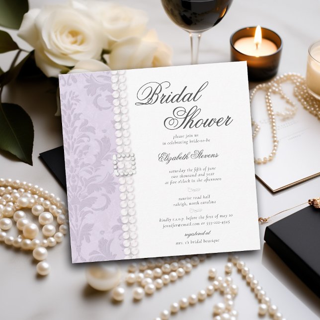 Lace Pearls Damask Lavender Elegant Bridal Shower Invitation (lace and pearls bridal shower invitation lavender lilac purple white black elegant formal classic)