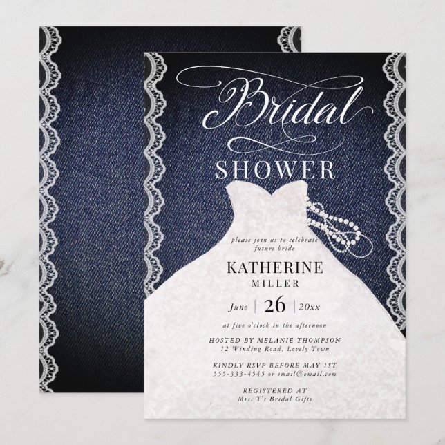 Lace Pearls Denim Bridal Dress Chic Bridal Shower Invitation (Front/Back)