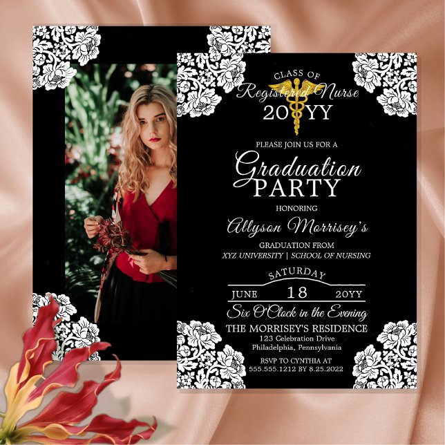 Lace Photo Nursing School | Medical Graduation Invitation (Elegant Lace-Cornered One  Photo Nursing School Medical Graduation Announcement  | Party Invitation)