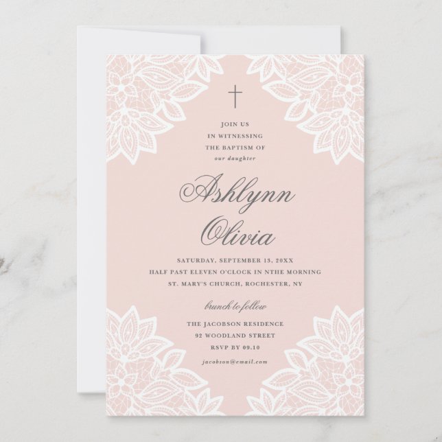 Lace Pink Baptism & Christening Invitation (Front)