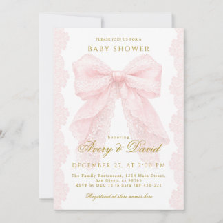 Lace Pink Bow Girl Baby Shower  Invitation
