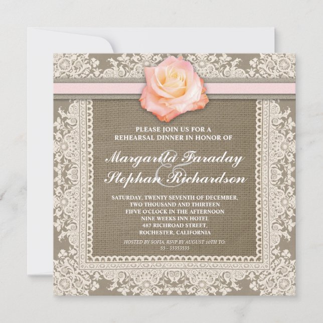 lace pink rose & burlap rehearsal dinner invites (Front)