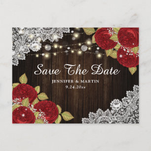 Lace Red Floral Wedding Save The Date Postcards