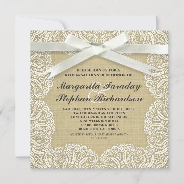 lace ribbon & burlap rustic rehearsal dinner invitation (Front)