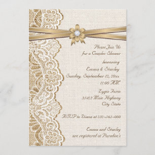 Lace ribbon flower & burlap wedding couples shower invitation