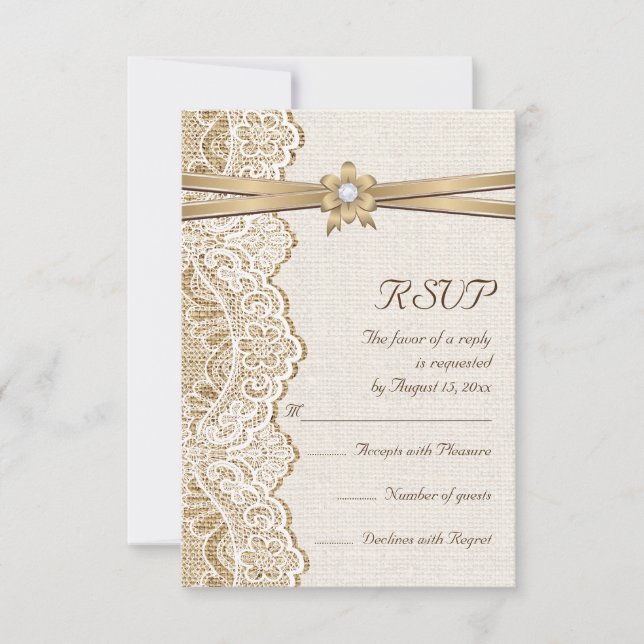 Lace, ribbon flower & burlap wedding RSVP response (Front)