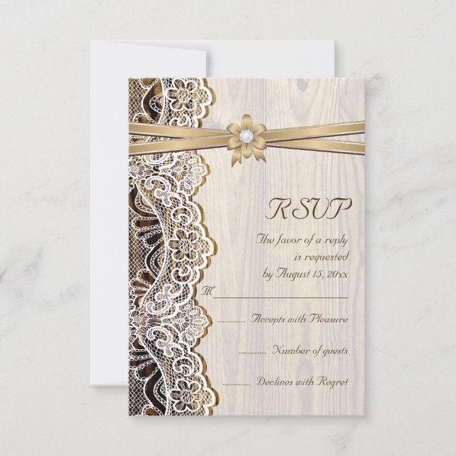 Lace, ribbon flower & wood wedding RSVP response (Front)