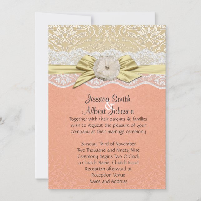 Lace Ribbon Gold/Coral Damask Wedding Invite (Front)