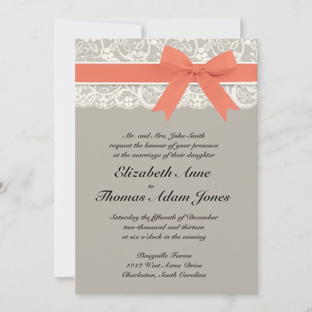 Lace Ribbon Grey and Coral Wedding Invitation (Front)