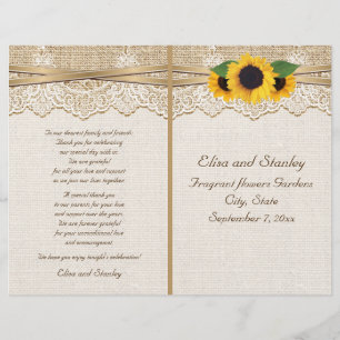 Lace ribbon & sunflowers on burlap wedding program