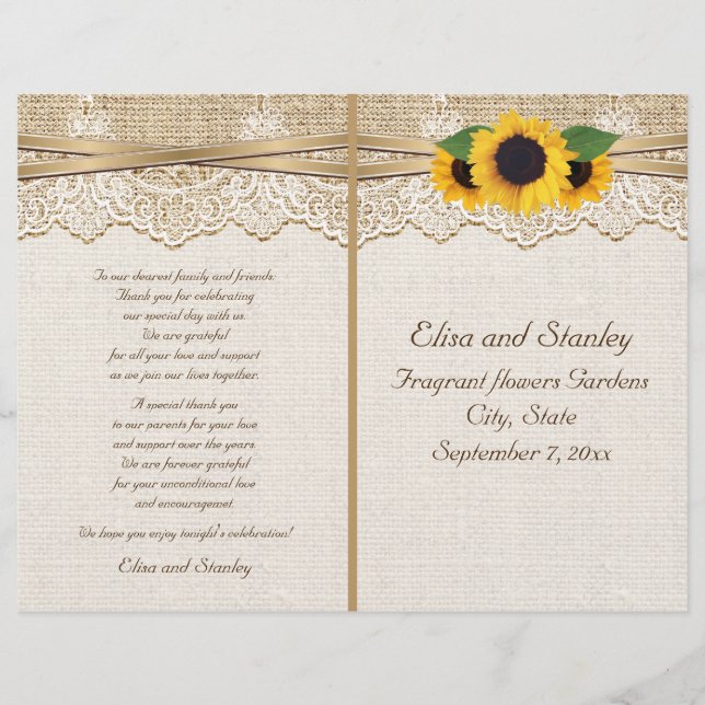 Lace ribbon & sunflowers on burlap wedding program (Front)