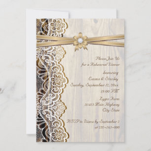 Lace ribbon & wood wedding rehearsal dinner invitation
