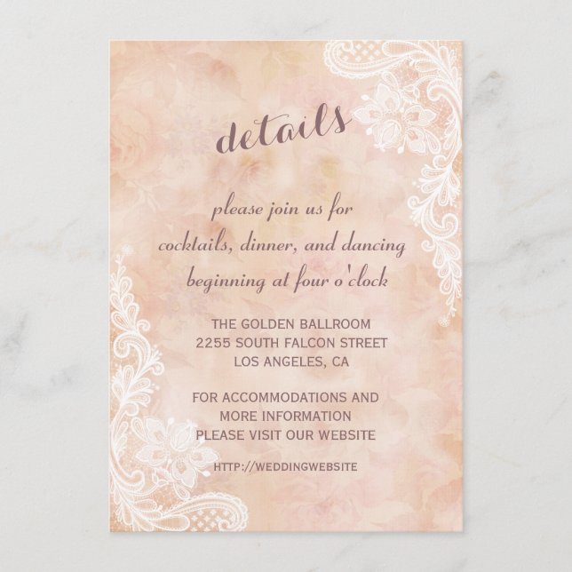 Lace Roses Old Paper Wedding Details Reception Enclosure Card (Front)