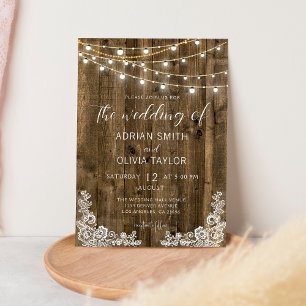Lace & Rustic String Lights Wood Wedding Invitation