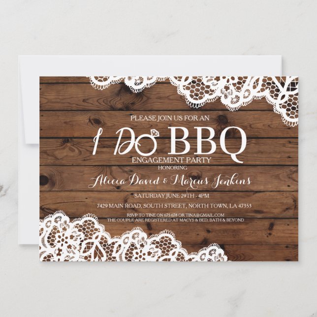 Lace Rustic Wood I DO BBQ Engagement Party Invite (Front)