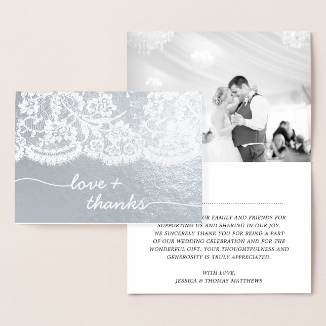 Lace Script Photo Wedding Thank You Foil Card (Display)