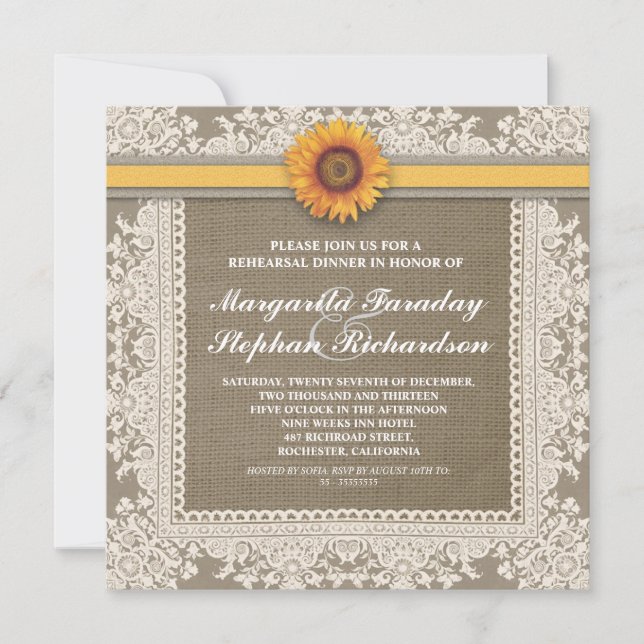 lace sunflower & burlap rehearsal dinner invites (Front)