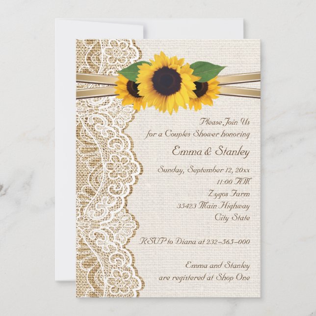 Lace & sunflowers on burlap wedding couples shower invitation (Front)