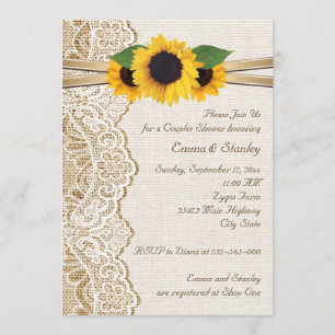 Lace & sunflowers on burlap wedding couples shower invitation