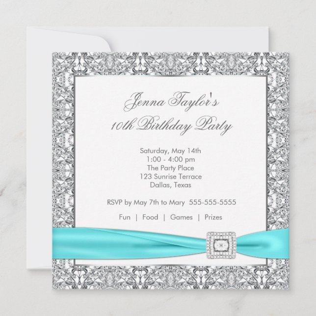 Lace Teal Blue Diamond Girls10th Birthday Party Invitation (Front)