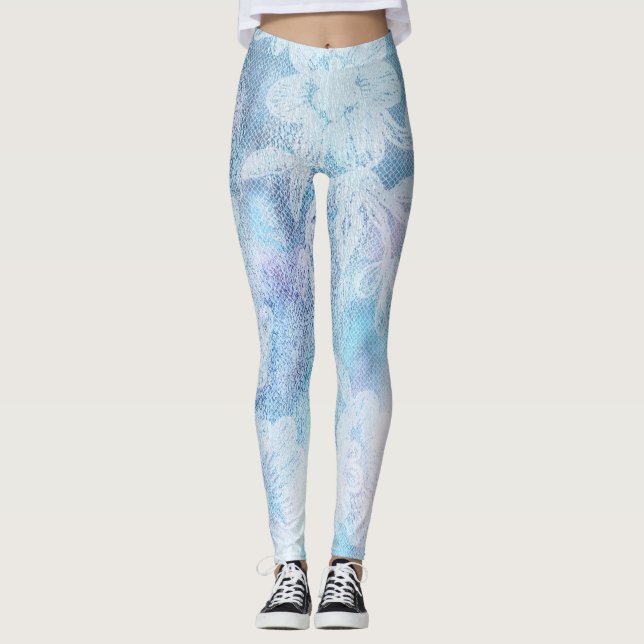 *~* Lace Texture Watercolor Blue Turquoise Leggings (Front)