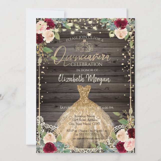  Lace,Tiara,Dress,Roses Dark Wood Quinceañera  Invitation (Front)