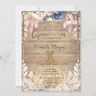 Lace,Tiara,Lights,Dress Wood Flowers Quinceañera Invitation