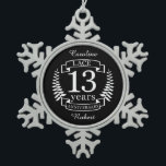 Lace Traditional wedding anniversary 13 years Snowflake Pewter Christmas Ornament<br><div class="desc">A design to celebrate 13 years of marriage. This design has a white (traditional colour) coloured laurel design on a black background. Lace is the traditional gift for this occasion. The text reads Ivory 13 years anniversary. A romantic design to celebrate your 13th year of marriage. If you would like...</div>