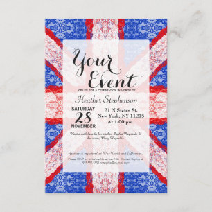 Lace Union Jack England Flag in Red, White, Blue Invitation