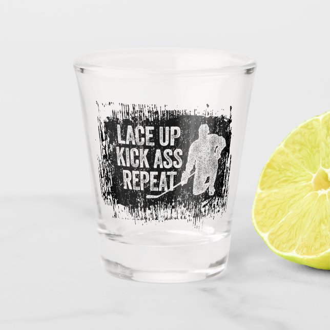 Lace Up. Repeat. (hockey) Shot Glass (Front)