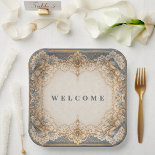 Lace vintage bird taupe ivory welcome paper plate