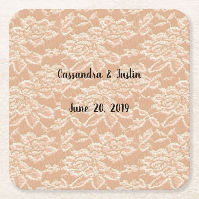 Lace with Couples Names and Important Date Square Paper Coaster (Front)