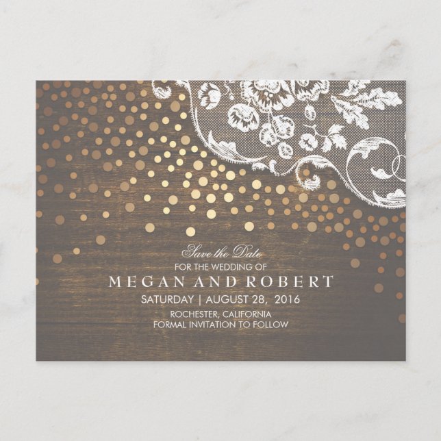 Lace Wood and Gold Confetti Rustic Save the Date Announcement Postcard (Front)