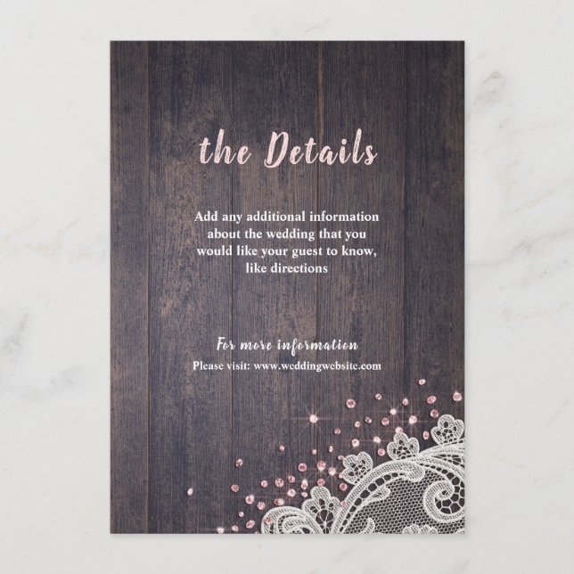 Lace wood blush glitter rustic wedding details enclosure card (Front)