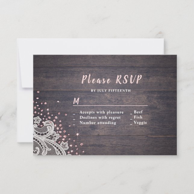 Lace wood blush glitter rustic wedding RSVP Card (Front)