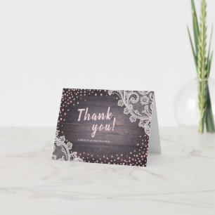 Lace wood blush glitter rustic wedding thank you card