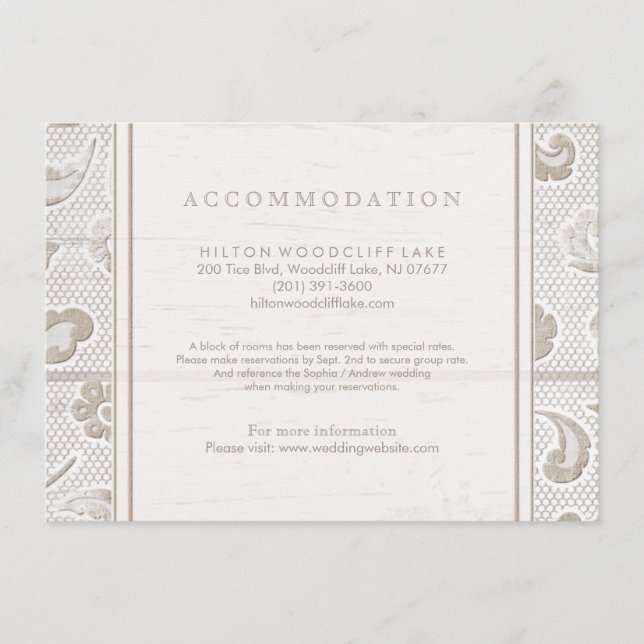 Lace wood rustic country wedding accommodation enclosure card (Front)