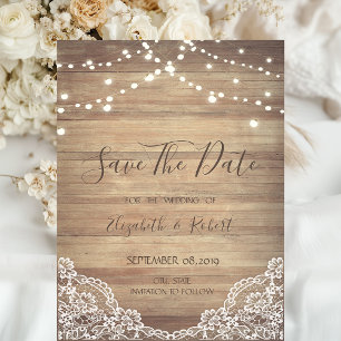 Lace, Wood Texture, String Lights Save The Date
