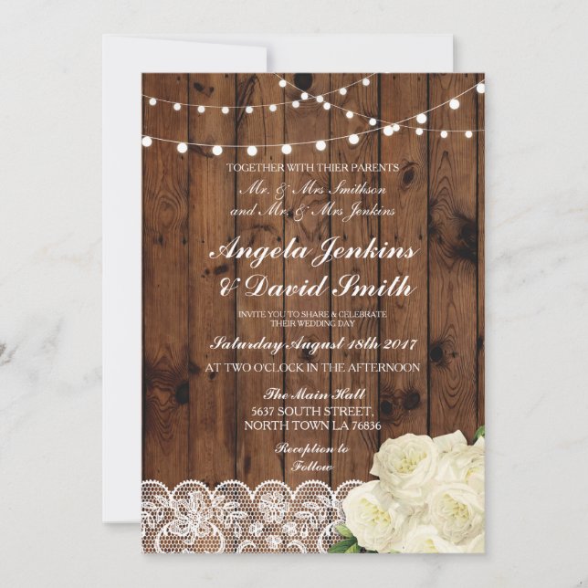 Lace Wood Wedding Rustic Rose Light Invitations (Front)