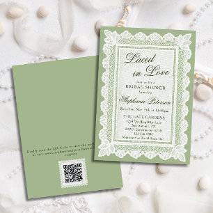 Laced in Love Green Lace QR Code Bridal Shower Invitation