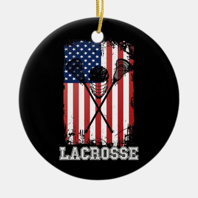 Lacrosse American Flag Lax Helmet Sticks 4th of Ceramic Tree Decoration (Front)