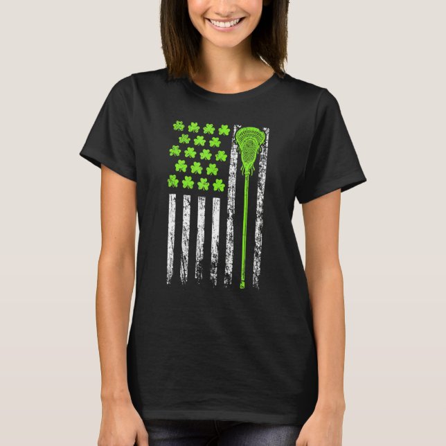 Lacrosse American Flag St Patrick Day For Men Boy  T-Shirt (Front)