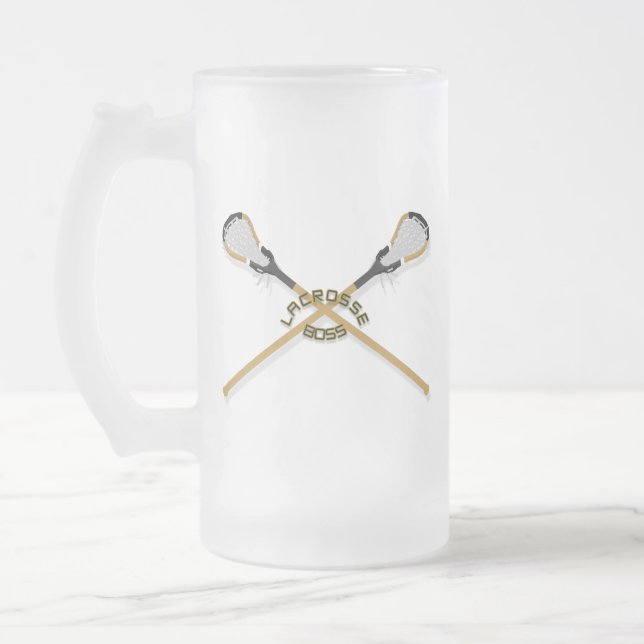 Lacrosse Boss Crossed Sticks Frosted Glass Beer Mug (Left)