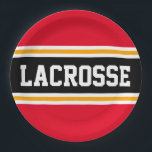 LACROSSE Bright Red Black Yellow Racing Stripes Paper Plate<br><div class="desc">This sporty,  athletic design features bold LACROSSE text inside a highlighted wide black stripe with double white and yellow racing stripes against bright red background stripes.   The text in this design can be personalised.</div>