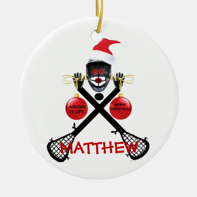 Lacrosse Christmas Cartoon Ceramic Tree Decoration (Front)